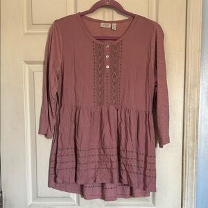 LOGO by Lori Goldstein Woven Top with Embroidery and Knit Details size 10